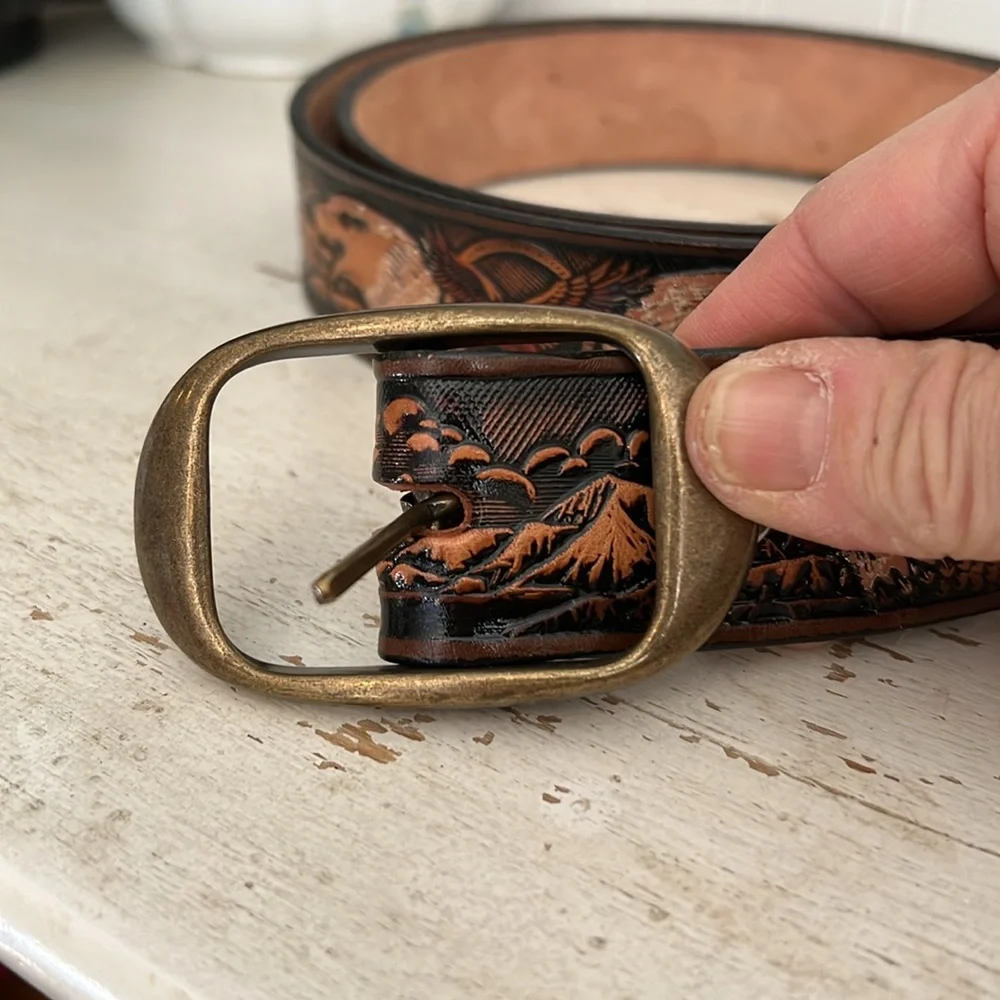 Vintage handmade tooled leather Eagle & mountains belt brass buckle 44”-48”